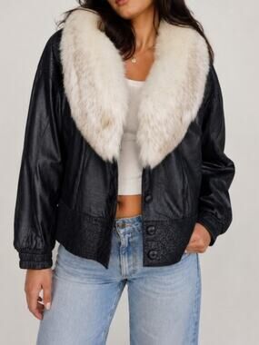 Vintage Switzers 70s Fox Fur Leather Bomber Jacket Black Size Large